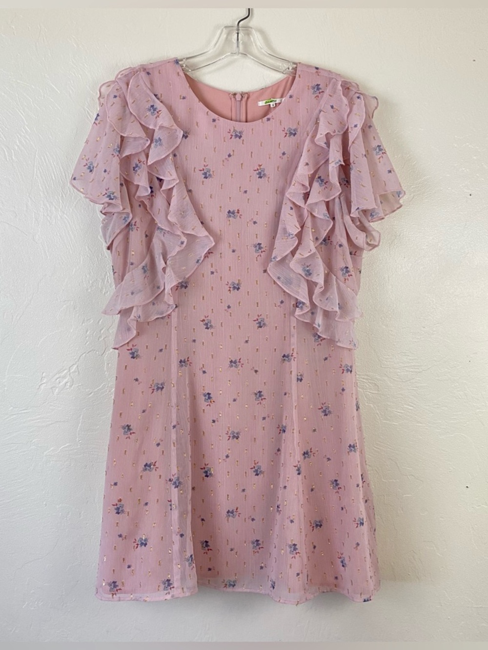 Revolve Tularosa Size XL Pink Chiffon Floral Ruffled Short Sleeve Mini Dress
